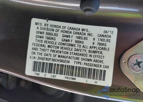 2012 Honda Civic Lx z USA, uszkodzony, nr VIN 2HGFB2F56CH560254